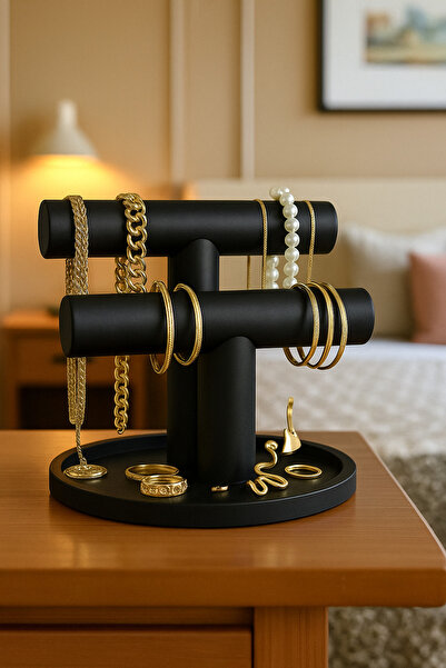 ceatly Çift Katlı Siyah Takı Standı – Kolye, Bileklik ve Yüzük Düzenleyici