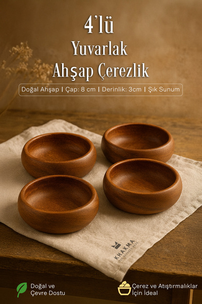 KHAKMA Ahşap Yuvarlak kaSE 4'lü Set – Doğal Sunum Tabağı | 8 cm | Şık ve Fonk...