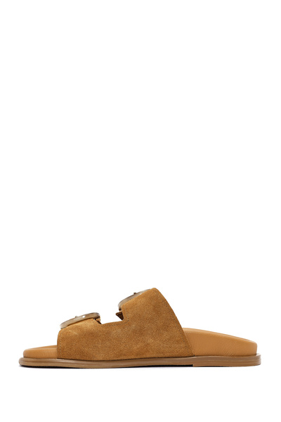 Derimod Women's Tan Double Buckle Suede Leather Slippers 25Sfd 200710