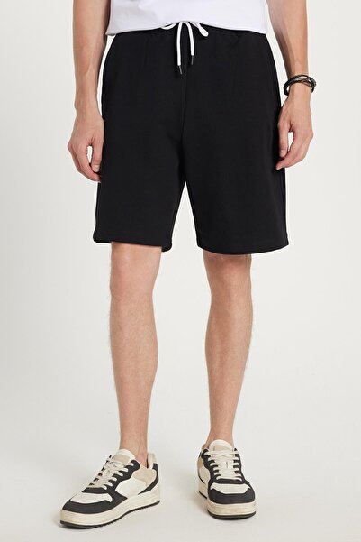 Tudors Erkek Relax Fit Rahat Kesim %100 Pamuk Beli Bağcıklı Siyah Şort