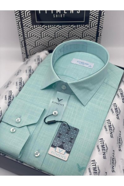Fitmens Classic Long Sleeve Pocketless Linen Collar Buttoned Bottom Men's Shirt with Gift Box Fs-003686 - Mint