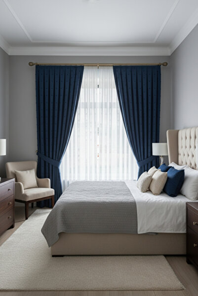 Madame Dower Perdele nordică cu fundal albastru cu pompon — o singură lamă — pliuri înguste 1x3 — pentru sufragerie și living — potrivită pentru cornișe