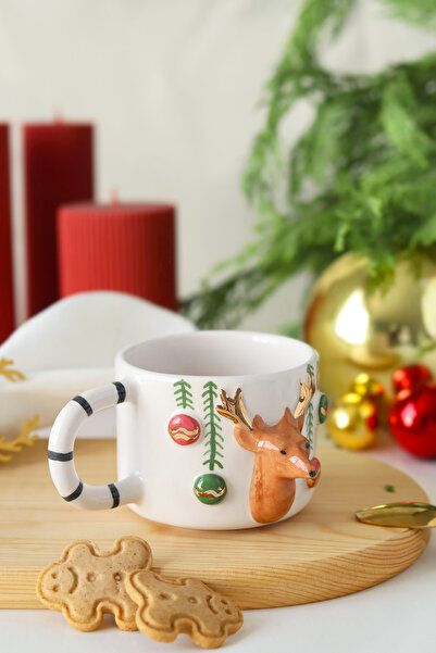 ada mia seramik Yılbaşı Geyik Figürlü 24k Altın Dekorlu El Yapımı Seramik Mug...