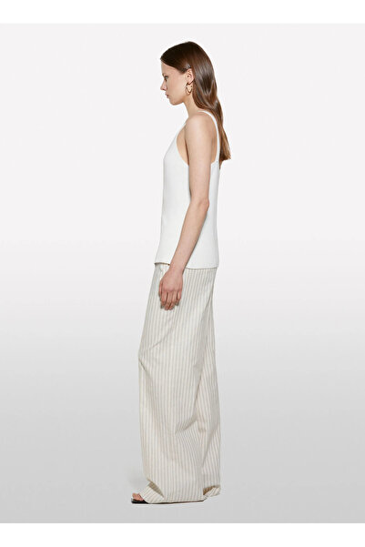 Sisley Women's Cream Mix Linen Blended Buttoned High Waist Palazzo Trousers