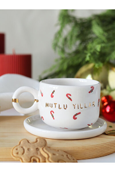 ada mia seramik Mutlu Yıllar El Yapımı Baston Şeker Seramik Mug 24K Altın Dek...