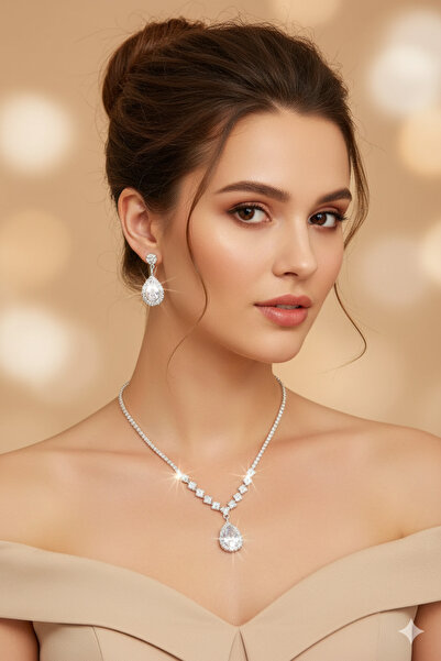 BİJUTERRİ Su Yolu Kolye Ve Küpe 2’li Baklava Desenli Gelin Takı Seti Gümüş Ka...