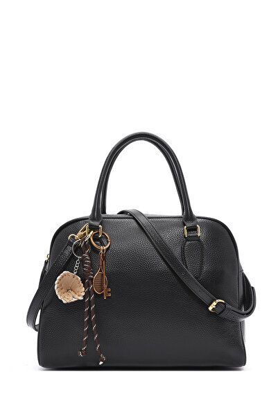 Derimod Women's Black Long Strap Leather Handbag with Accessories 25Sbd2471Ft