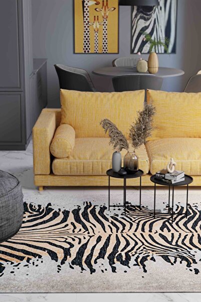 Oriente Home Modern Desenli Yıkanabilir Kaymaz Taban Şönil Gri Kahverengi Salon Halısı 8382