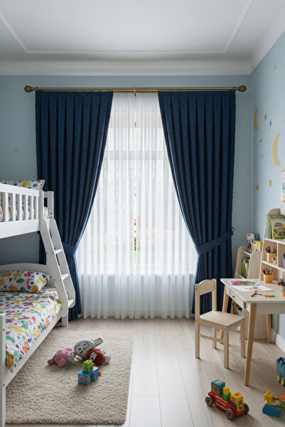 Madame Dower Perdele nordică cu fundal albastru cu pompon — o singură lamă — pliuri înguste 1x3 — pentru sufragerie și living — potrivită pentru cornișe