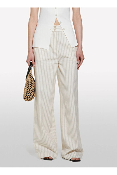 Sisley Women's Cream Mix Linen Blended Buttoned High Waist Palazzo Trousers