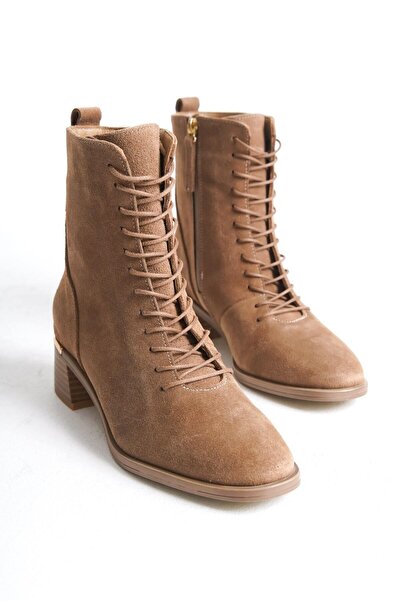 Mubiano Collection Mubiano Hakiki Deri Collection Kadın Fermuar Detaylı Bağcıklı Kısa Süet Bot Bej - MCRGN88112 - BJ