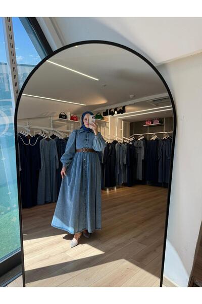 OlaLady Women's Full Button Front Slim Belted Hijab Denim Jeans Overcoat