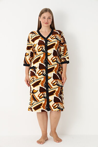 ROMEO LİFE Women's Plus Size Cotton Blend Velvet Buttoned Dress / Coffee-Cream 1015