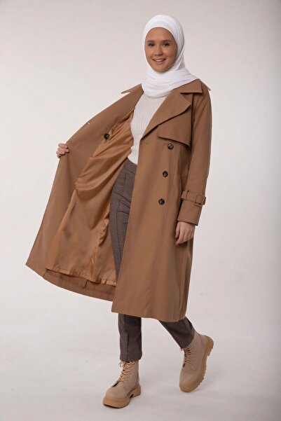 Zeneva Collection Koyu Bej - %100 Pamuk Uzun (110CM) Astarlı Kadın Tesettür Trençkot 1111-TES