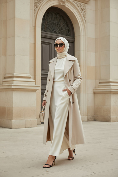 Zeneva Collection Taş Rengi - %100 Pamuk Ekstra Uzun (120cm) Tam Kalıp Kadın Tesettür Trençkot