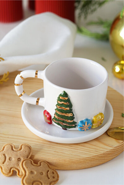 ada mia seramik Christmas Pine Tree Gift Package Figured 24K Gold Decorated Handmade Ceramic Mug 170ml