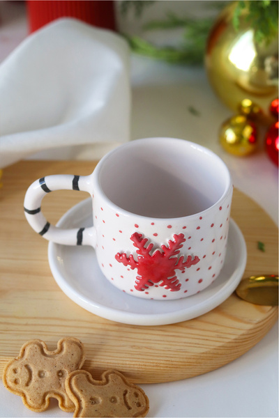 ada mia seramik Handmade Ceramic Mug with New Year's Snowflake Figure 170ml