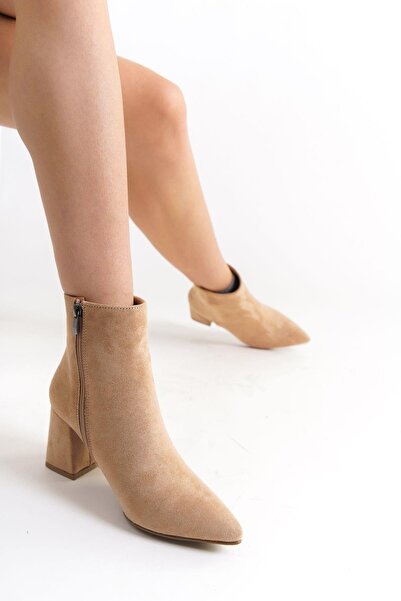 Mubiano MBZFR5006S-VZ Kadın Vizon Süet Kalın Topuklu Sivri Burun Fermuarlı Kısa Bot &Bootie