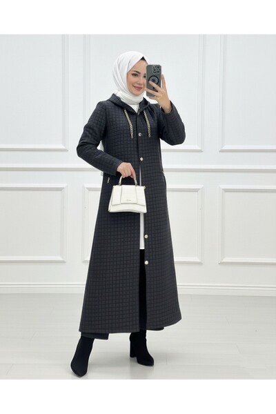Modamorfo Long Quilted Coat with Chain Detail on Collar - Black