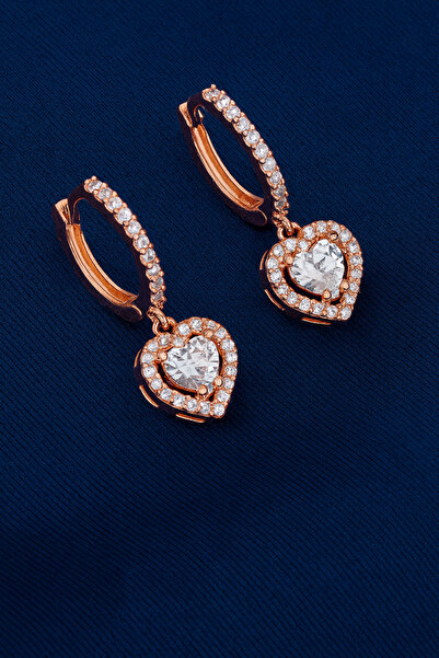 KAR DİAMOND 925 Ayar Gümüş Rose Kaplama Zirkon Taşlı Kalp Sallantılı Halka Kü...