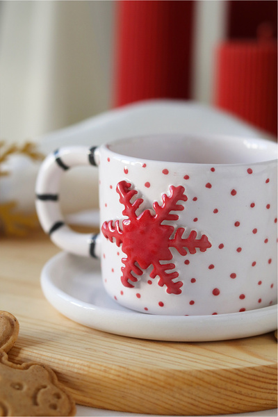 ada mia seramik Handmade Ceramic Mug with New Year's Snowflake Figure 170ml