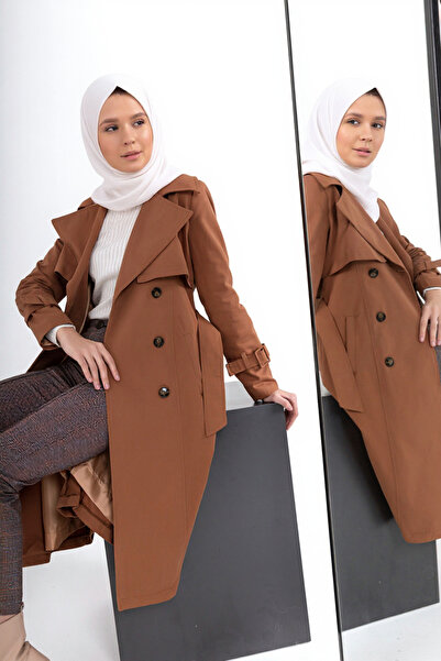 Zeneva Collection Taba - %100 Pamuk Uzun (110CM) Astarlı Kadın Tesettür Trençkot 1111-TES