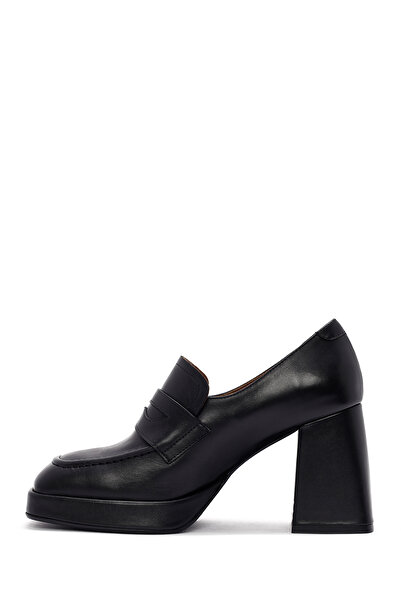 Derimod Дамски черни дебели обувки с висок ток от естествена кожа, мъжествени, ежедневни мокасини 24WFD132918