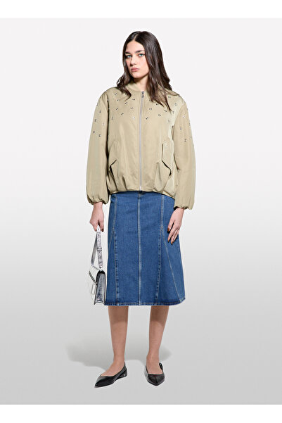 Sisley Women's Sand Color Stone Detailed Lightly Padded Bomber Jacket