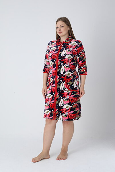 ROMEO LİFE Női nagyméretű pamutkeverék bársony cipzáras ruha 1125 RED-CREAM