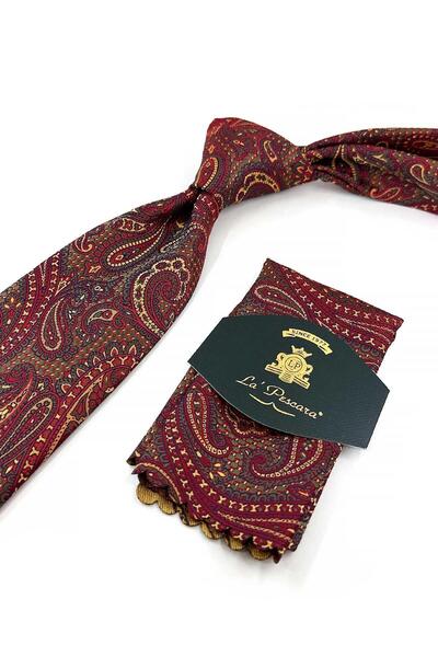 Kravatkolik Classic Tie with Red Shawl Pattern Handkerchief Kk13210