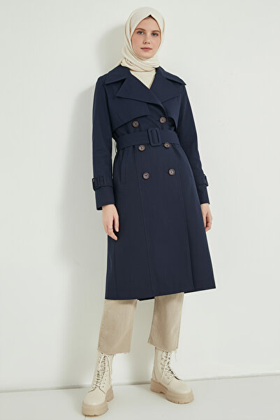 Zeneva Collection Lacivert - %100 Pamuk Uzun (110CM) Astarlı Kadın Tesettür Trençkot 1111-TES