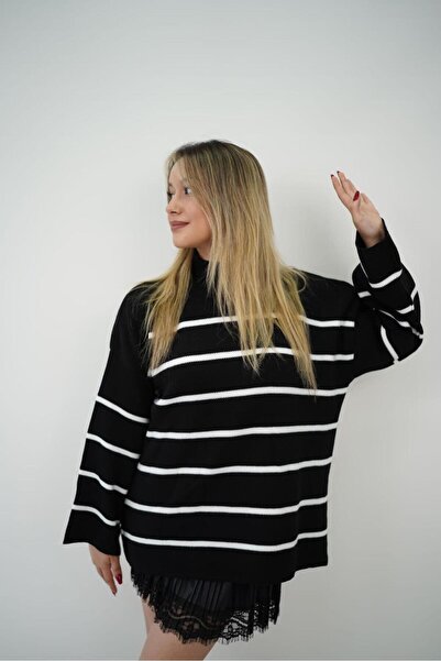 Beybun boutique Pulover tricotat supradimensionat cu dungi înalte, negru