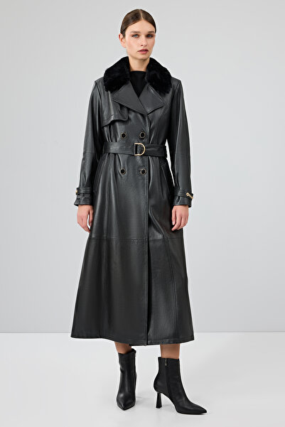 Derimod Jenny Kadın Siyah Yaka Kürklü Kemer Detaylı Deri Trençkot 23WGE51681M
