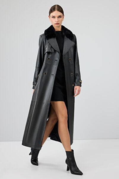 Derimod Jenny Kadın Siyah Yaka Kürklü Kemer Detaylı Deri Trençkot 23WGE51681M