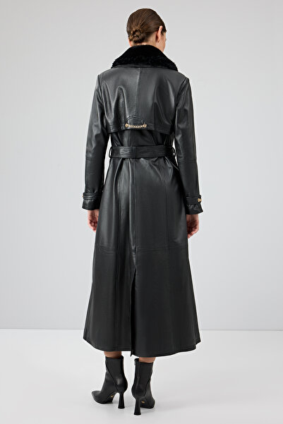 Derimod Jenny Kadın Siyah Yaka Kürklü Kemer Detaylı Deri Trençkot 23WGE51681M