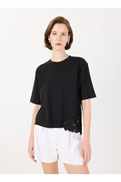 Sisley Tricou negru pentru femei cu gât rotund 3F1QL107M