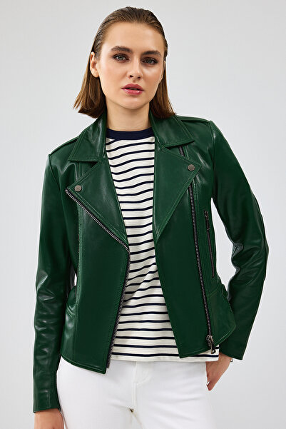 Derimod Latoya Kadın Yeşil Biker Deri Ceket 24SGD5059VE