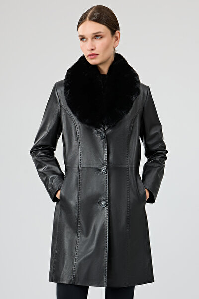 Derimod Christina Kadın Siyah Kürklü Uzun Deri Kaban 22WGE59951M