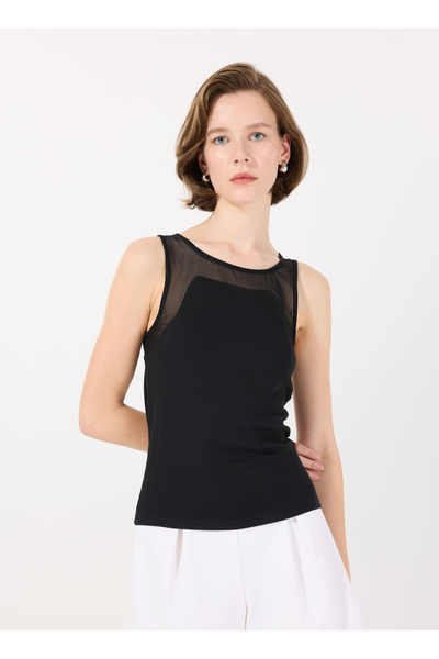 Sisley guler rotund Tricou negru pentru femei 3Y61LH00Z