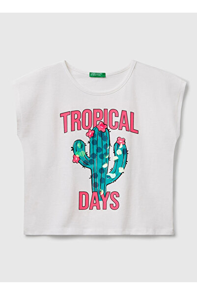 Benetton Beyaz Kız Çocuk Bisiklet Yaka Regular Fit Baskılı T-Shirt 3I1XC10P0