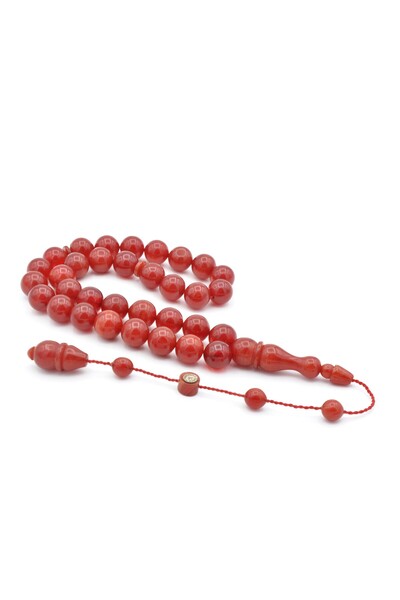 Murty99 Ismail Karasapan Signed Globe Cut Moire Red Clamping Amber Prayer Beads