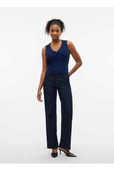 Vero Moda V Yaka Dar Lacivert Kazak Kadın VMWILLOW SL V-NECK POLO TOP