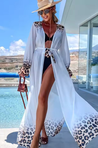 Nana & Mayka Moda Women's White Leopard Print Chiffon Long Beach Kimono – Belted, Lightweight Pareo Dress
