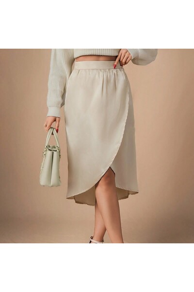 ZEYNEP RANA Women's Cream Slit Detailed Midi Length Satin Skirt