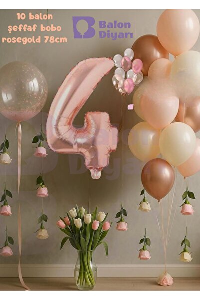 BALON DİYARI 4 Yaş Rosegold Doğum Günü Seti Şeffaf Bobo