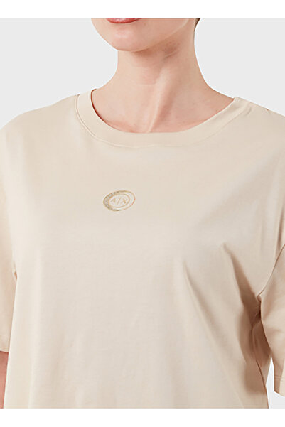 Armani Exchange Women's Regular Fit Round Neck Short Sleeve Metallic Logo Printed Short Beige T-Shirt Xw 000321 Af10356-U1