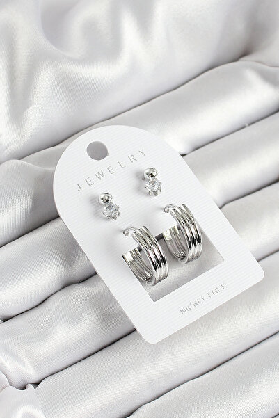 Skygo Silver Color 3-Piece Double Women's Earring Set with Brass Zircon Stone and Ring Figure - Tj-Bkp10649