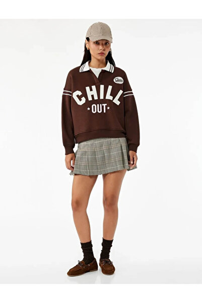 Koton Baskılı Biyeli Oversize Polo Yaka Kahverengi Kadın Sweatshirt 6Wal10260Ik