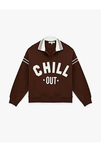Koton Baskılı Biyeli Oversize Polo Yaka Kahverengi Kadın Sweatshirt 6Wal10260Ik