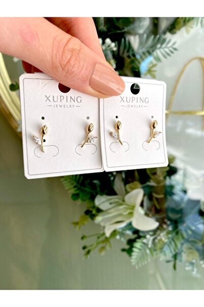 Lilyum Aksesuar Zirkon Taşlı Mini Lale Çiçek Anne Kız Kombin Gold Altın Sarı ...